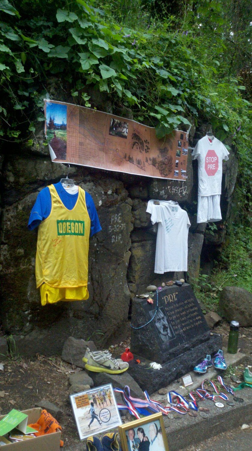 Pre’s Rock during the 2012 U.S. Olympic Trials, covered in singlets, shoes and medals left by runners