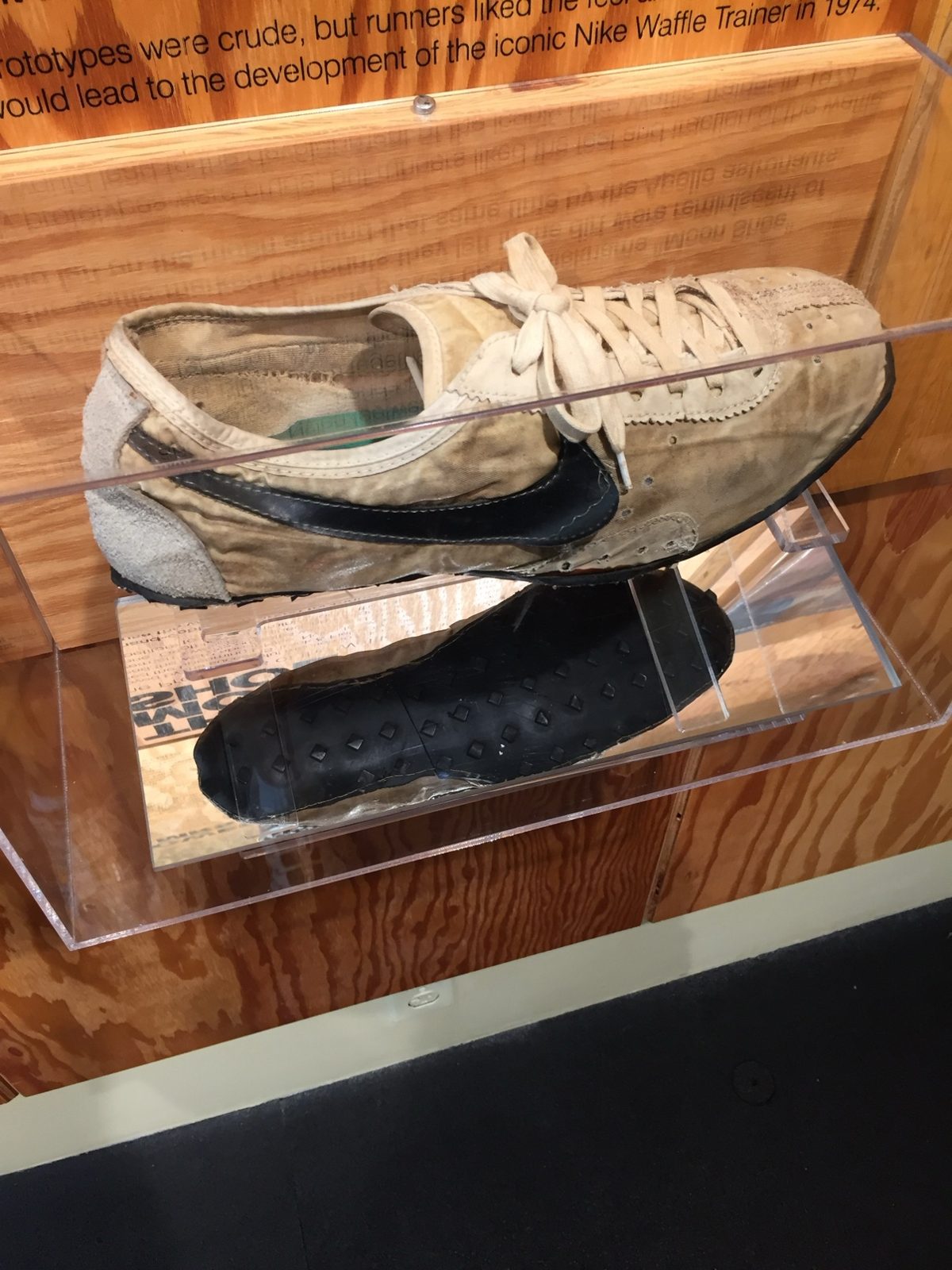 The Moon Shoe in its display case at Nike Headquarters — Bowerman's handmade waffle-soled prototype above a waffle sole